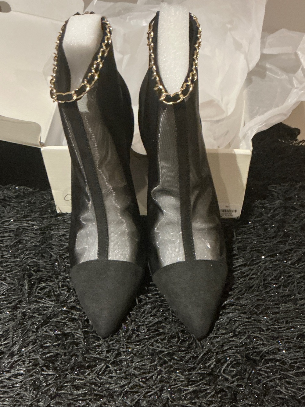 Cato Black Pointed-Toe Sheer Ankle Boots with Gold Chain Trim